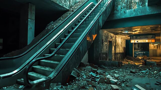 Exploring an abandoned shopping mall with overgrown escalators and crumbling walls in a desolate urban environment