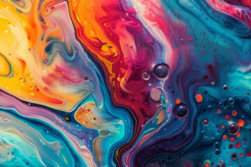 An abstract representation of a colorful liquid paint art composition featuring vibrant hues of yellow, orange, red, blue, and purple swirling together in a captivating design