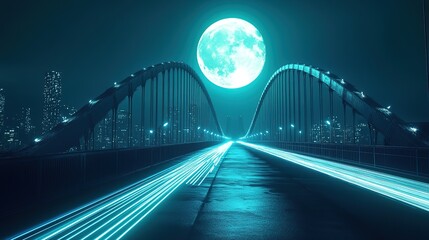 Obraz premium Futuristic city bridge at night with a large moon. Light trails on road.