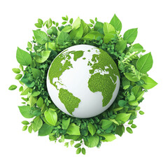 Green planet surrounded by lush leaves, symbolizing nature and sustainability. This represents environmental awareness and ecological balance