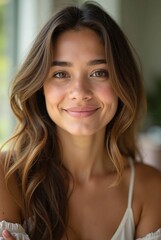 A close-up portrait of a young woman with long, flowing hair, smiling gently