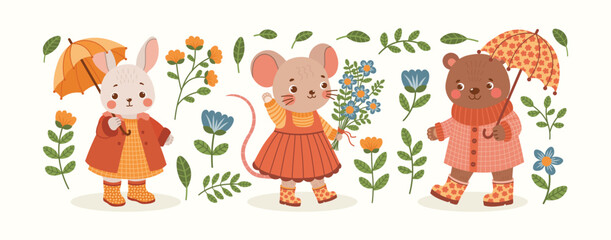 Woodland spring characters and botanical elements collection. Forest animals - mouse, bear, rabbit. Set of vector illustrations, flowers, leaves, branches.
