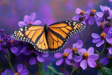 Fototapeta premium Monarch butterfly feeding on vibrant purple aster flower in summer garden with autumn backdrop