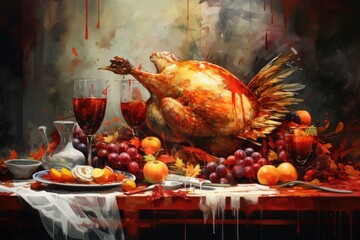 A vivid abstract representation of the feelings of gratitude and abundance with a centerpiece turkey on a Thanksgiving table filled with autumn fruits and rich red wine in a warm setting