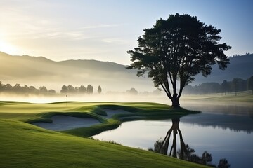 Fototapeta premium A tranquil early morning at a peaceful golf course with mist hovering over the lush green landscape and a solitary tree reflecting in the calm water