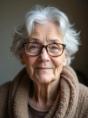 Fototapeta premium A portrait of an elderly woman with silver hair and wise, gentle eyes, wearing glasses and a warm sweater