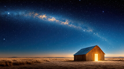 serene wooden barn under starry sky with glowing doorway