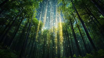 Obraz premium meteor shower illuminating foggy forest creates magical atmosphere