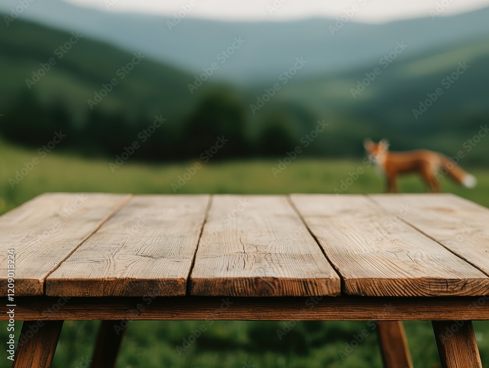Poster rustic wooden table inviting to relax in open field with blurred fox in background