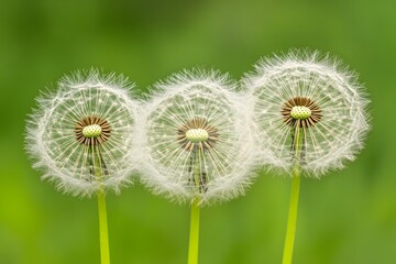 Fototapeta premium Three Dandelion Seed Heads Against Green Background