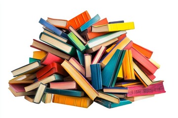 A colorful pile of various hardcover books isolated on white background.