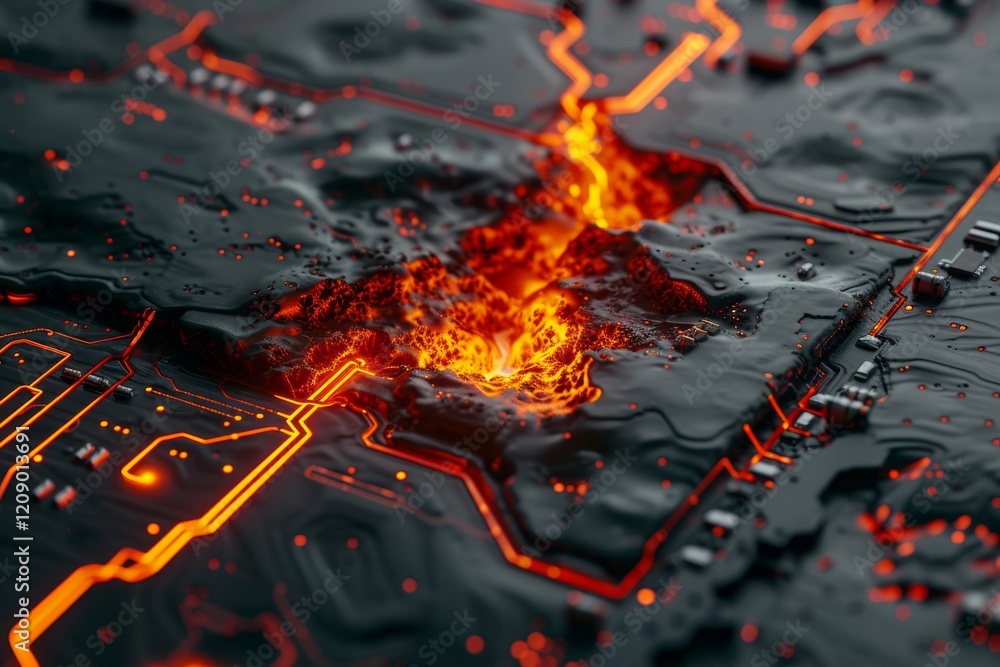 Poster molten lava flowing through a circuit board creating an intense contrast of natural and technologica