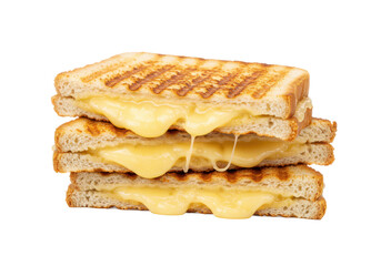 Fototapeta premium Stack of two grilled cheese sandwiches with melted cheese oozing out, showing grilled marks on the bread, isolated on a white background