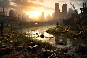 A post-apocalyptic city skyline is overgrown by nature. The river is flooded with debris, and the sun sets in the distance