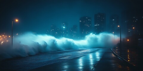 Night cityscape with huge waves crashing on the road.
