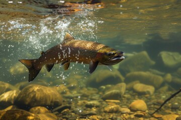 Fototapeta premium A salmon leaps joyfully out of the clear river water in the early morning light, showcasing its vibrant colors and powerful movements while hunting for food in a natural habitat