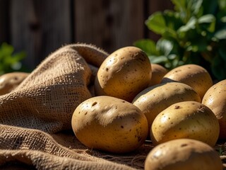 Freshly Harvested Organic Potatoes on Rustic Wooden Table with Burlap Sack and Farm Background &ndash; High-Quality Food Image