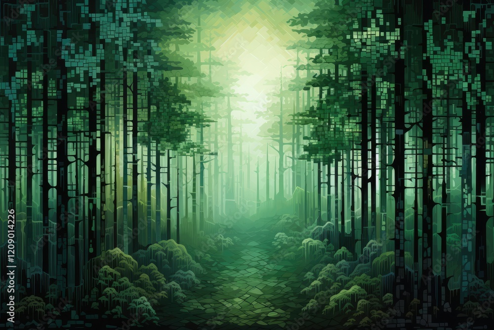 Poster an abstract interpretation of a tranquil forest at twilight featuring pixelated trees and a serene p