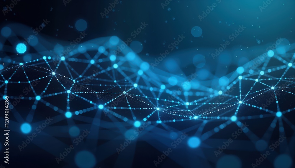 Poster abstract dark blue tech background displays glowing particles, lines forming network pattern. intric