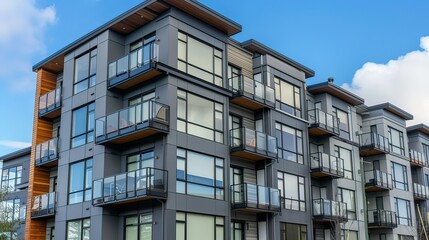 Fototapeta premium Close-up of a gray office building exterior with balconies and minimalistic design.