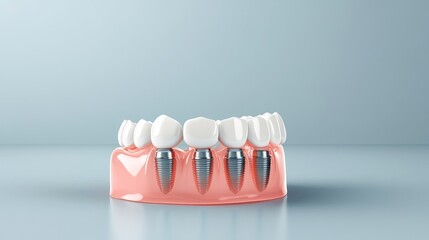 Detailed representation of dental implants showing metal posts and ceramic crowns designed for visual education on restorative dentistry and oral health advancements