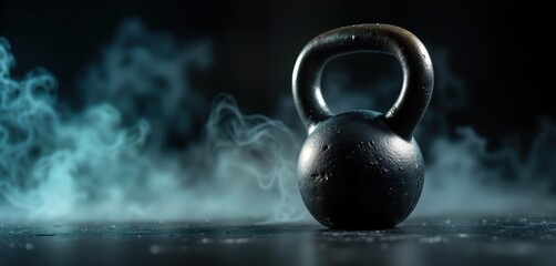 Closeup kettlebell on dark surface. Heavy gym equipment. Studio shot. No people. Strong, heavy metal tool for fitness, strength training. Perfect for fitness product promotion sports equipment store.
