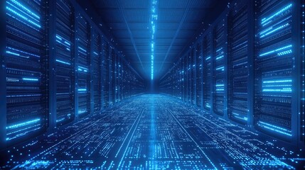 Futuristic Blue-Glowing Data Center 3D Render with Rows of Computers and Digital Patterned Floor, High-Tech Concept