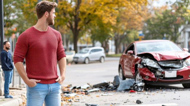 man observes car accident scene with damaged vehicle and debris