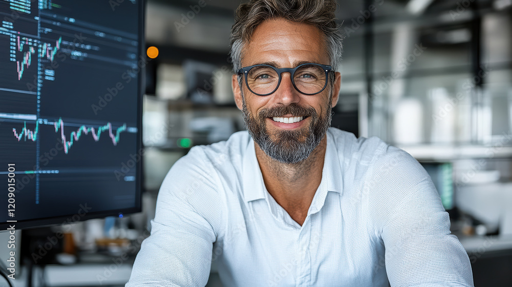 Poster trader smiling confidently while analyzing market data on screen