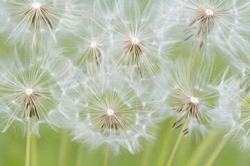 Obraz premium Delicate White Dandelion Seed Heads in Soft Green Field