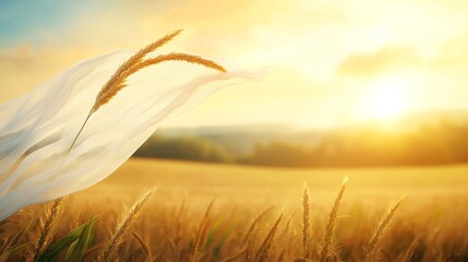 Obraz premium Serenity in Nature: Golden Wheat Field with Gentle Breeze and Soft Fabric Flowing in Warm Sunrise Light Capturing the Essence of Peaceful Rural Landscapes