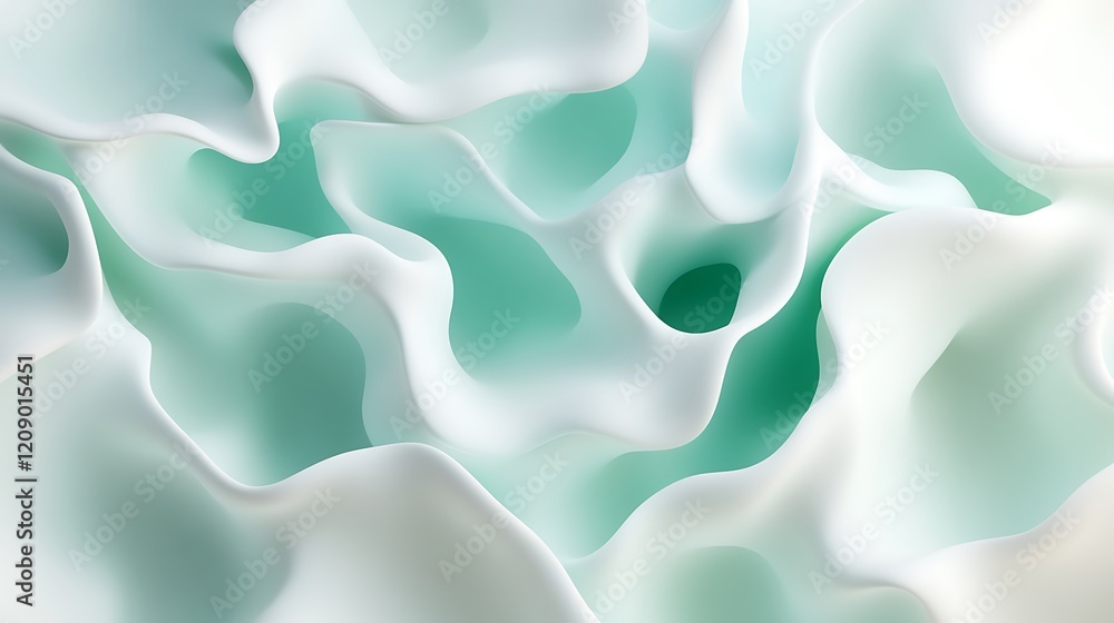 Poster abstract fluid shapes in soft mint and white tones flowing smoothly for digital backgrounds and crea