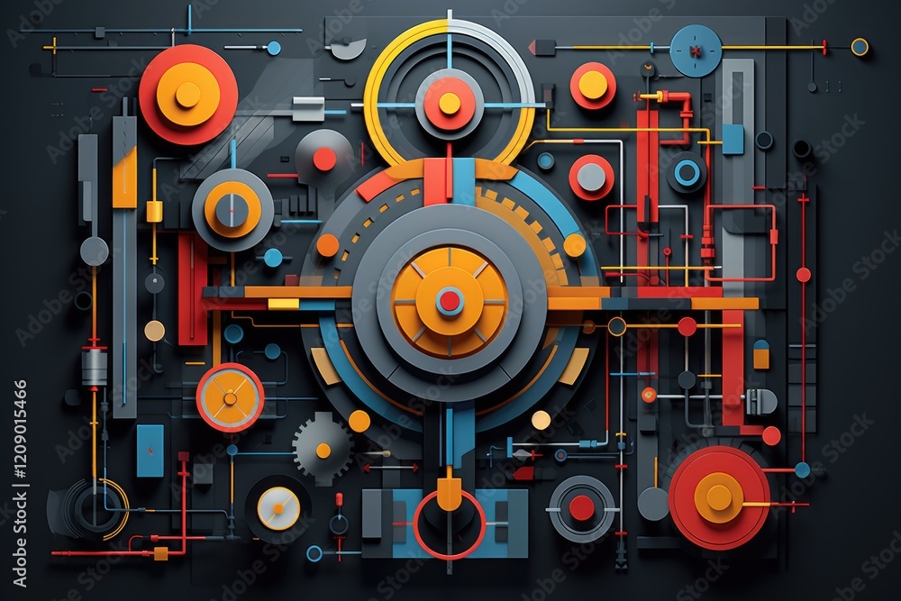 Poster a vibrant display of geometric tech symbols showcasing intricate patterns and shapes, creating a dyn