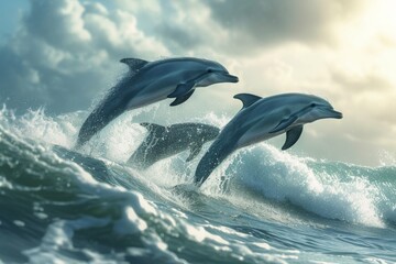 Fototapeta premium Dolphins playfully jumping over breaking waves against a cloudy sky while enjoying the ocean's splendor during midday sunlight in a vibrant coastal environment
