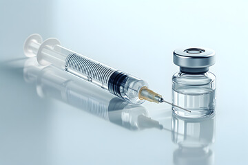 A realistic depiction of a syringe and a vial on an isolated white background, representing the concept of vaccination