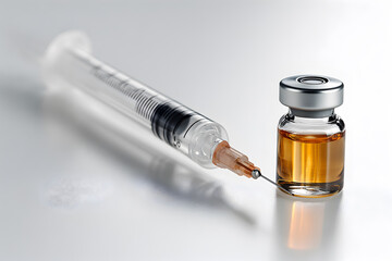 A realistic depiction of a syringe and a vial on an isolated white background, representing the concept of vaccination