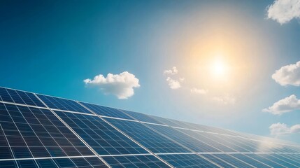 Bright Sunlight Illuminates a Solar Panel Array Under a Clear Blue Sky with Fluffy Clouds, Symbolizing Renewable Energy and Sustainable Technology