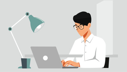 Professional Working on Laptop at Desk Illustration