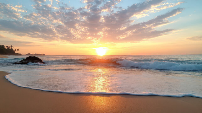 vibrant sunset over calm ocean, reflecting warm colors on sand