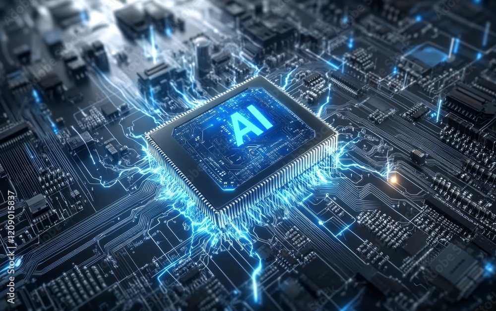 Poster ai technology futuristic microchip with artificial intelligence circuitry