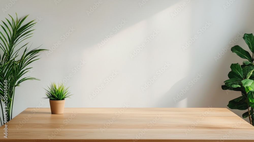 Poster empty wooden table with plants and natural light creating calm environment