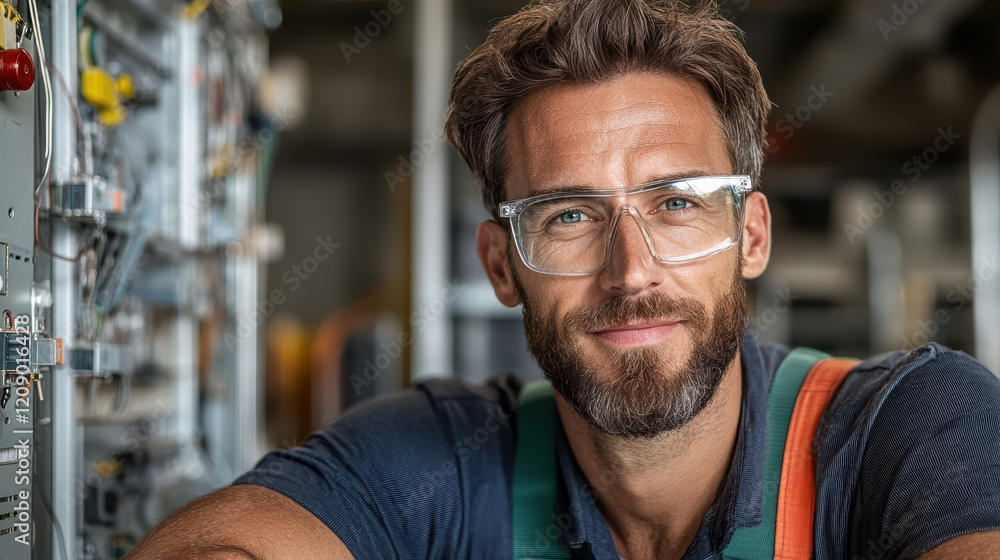 Poster electrical engineer smiling while troubleshooting circuit board