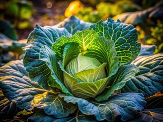 Obraz premium Low Light Cabbage Harvest, Overgrown Garden, Close Up Photography, Autumn Vegetables
