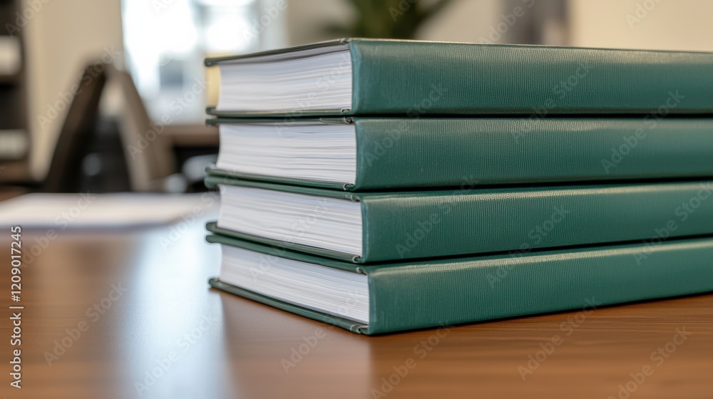 Poster stack of green binders sitting on a wooden table in an office