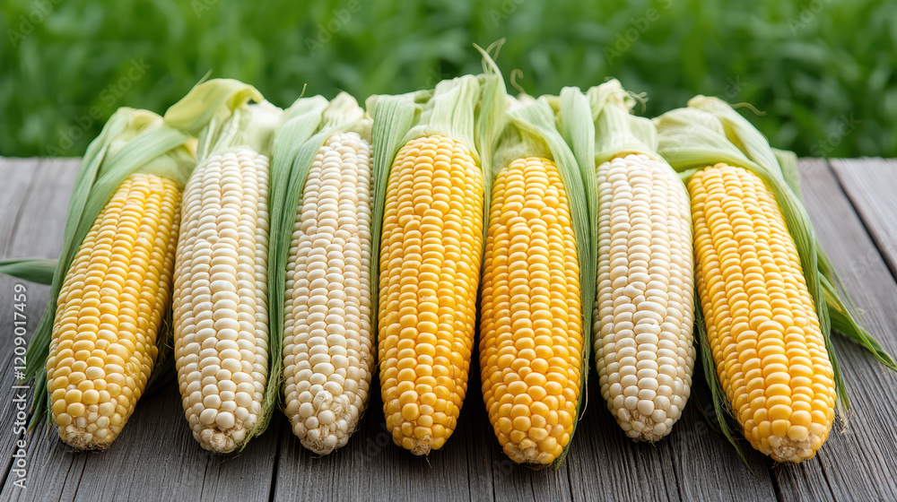 Canvas Prints Freshly harvested corn on cob in various colors on wooden table