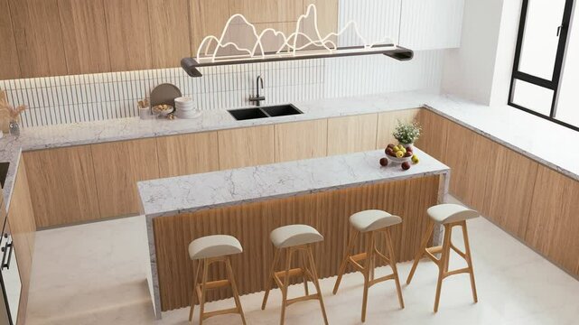 A modern, minimalist kitchen featuring a large marble island, wooden cabinetry, and stylish seating, illuminated by contemporary lighting. 3d rendering interior top view dining room.
