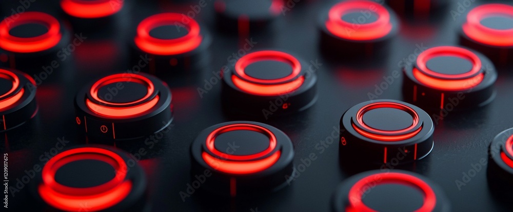 Poster Abstract close-up of glowing red circular buttons on a dark surface.