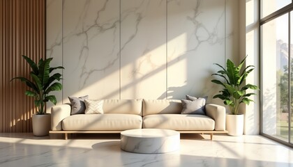 Modern living room interior design mock up. Light beige, white marble wall. Light wooden paneling adds style. Beige couch with pillows, round marble coffee table. Plants create natural decor. Large