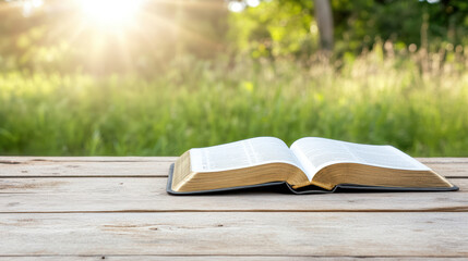 Freshly opened book on wooden table with sunlight shining through trees