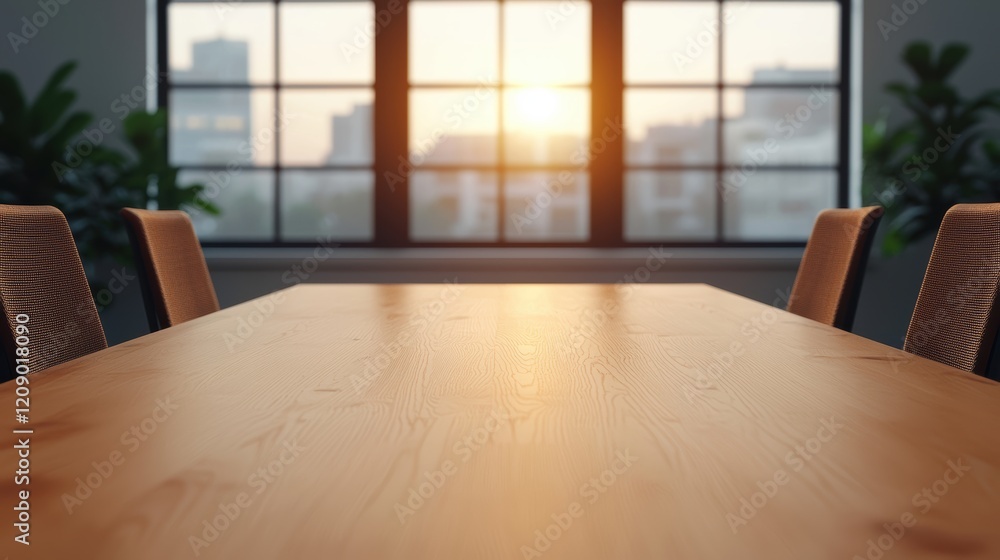 Poster empty meeting table illuminated by setting sun in modern office